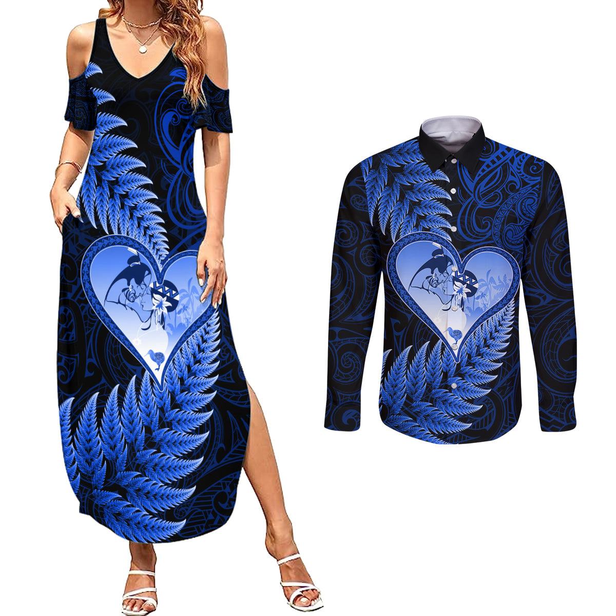 New Zealand Valentine Day Couples Matching Summer Maxi Dress and Long Sleeve Button Shirt Aotearoa Warrior Love Story Silver Fern Koru Blue Style LT03 Blue - Polynesian Pride