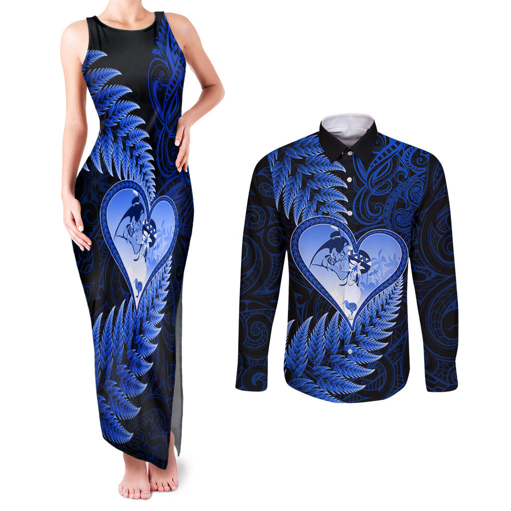 New Zealand Valentine Day Couples Matching Tank Maxi Dress and Long Sleeve Button Shirt Aotearoa Warrior Love Story Silver Fern Koru Blue Style LT03 Blue - Polynesian Pride