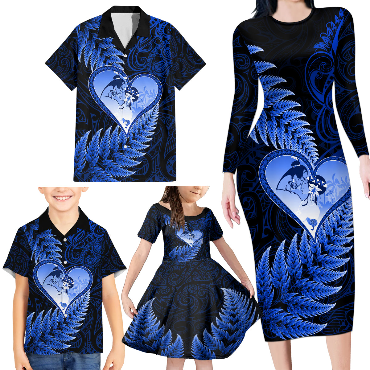 New Zealand Valentine Day Family Matching Long Sleeve Bodycon Dress and Hawaiian Shirt Aotearoa Warrior Love Story Silver Fern Koru Blue Style LT03 - Polynesian Pride