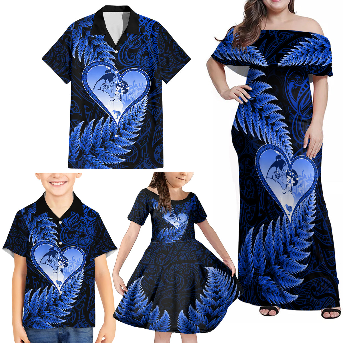 New Zealand Valentine Day Family Matching Off Shoulder Maxi Dress and Hawaiian Shirt Aotearoa Warrior Love Story Silver Fern Koru Blue Style LT03 - Polynesian Pride