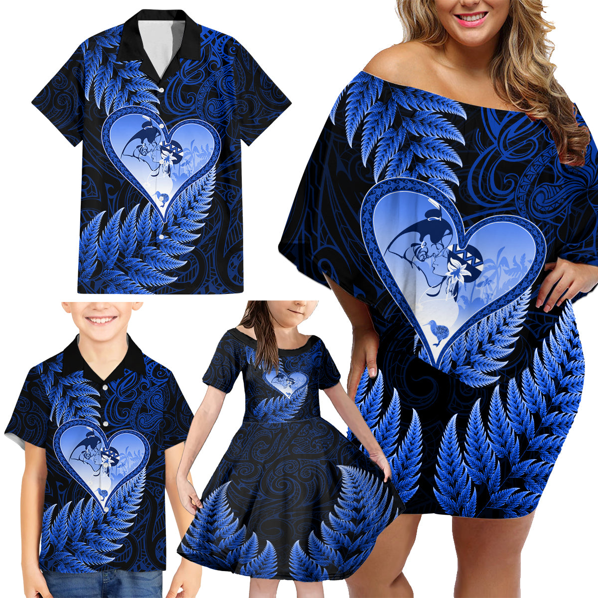 New Zealand Valentine Day Family Matching Off Shoulder Short Dress and Hawaiian Shirt Aotearoa Warrior Love Story Silver Fern Koru Blue Style LT03 - Polynesian Pride