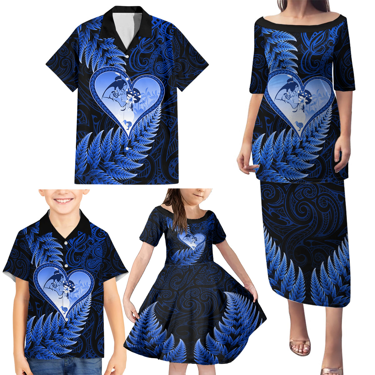 New Zealand Valentine Day Family Matching Puletasi and Hawaiian Shirt Aotearoa Warrior Love Story Silver Fern Koru Blue Style LT03 - Polynesian Pride