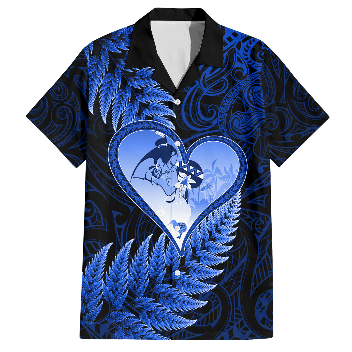 New Zealand Valentine Day Family Matching Puletasi and Hawaiian Shirt Aotearoa Warrior Love Story Silver Fern Koru Blue Style LT03 Dad's Shirt - Short Sleeve Blue - Polynesian Pride