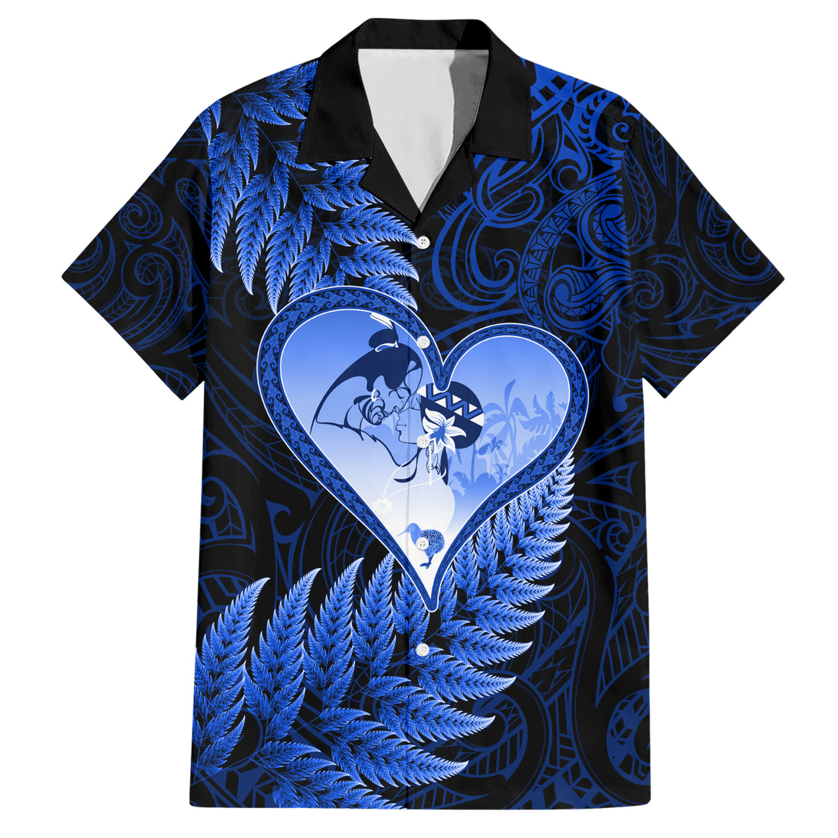 New Zealand Valentine Day Family Matching Short Sleeve Bodycon Dress and Hawaiian Shirt Aotearoa Warrior Love Story Silver Fern Koru Blue Style LT03 Dad's Shirt - Short Sleeve Blue - Polynesian Pride