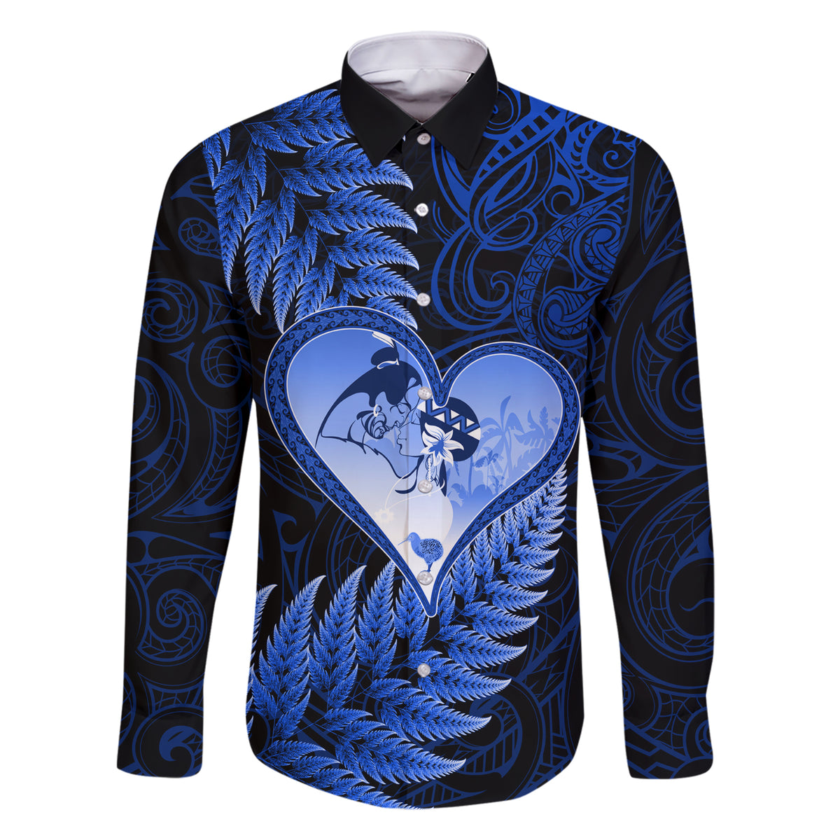 New Zealand Valentine Day Family Matching Short Sleeve Bodycon Dress and Hawaiian Shirt Aotearoa Warrior Love Story Silver Fern Koru Blue Style LT03 Dad's Shirt - Long Sleeve Blue - Polynesian Pride
