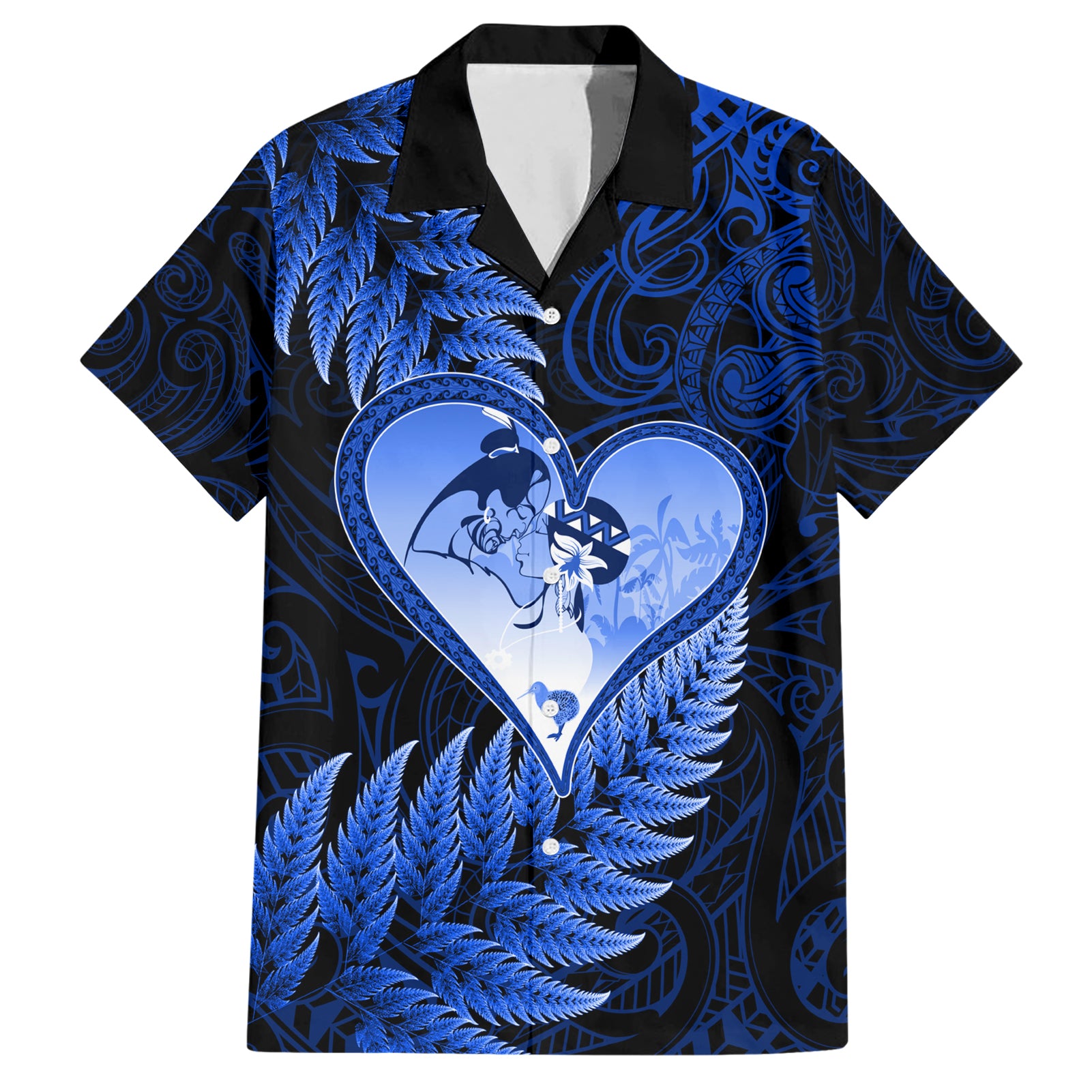 New Zealand Valentine Day Hawaiian Shirt Aotearoa Warrior Love Story Silver Fern Koru Blue Style LT03 Blue - Polynesian Pride