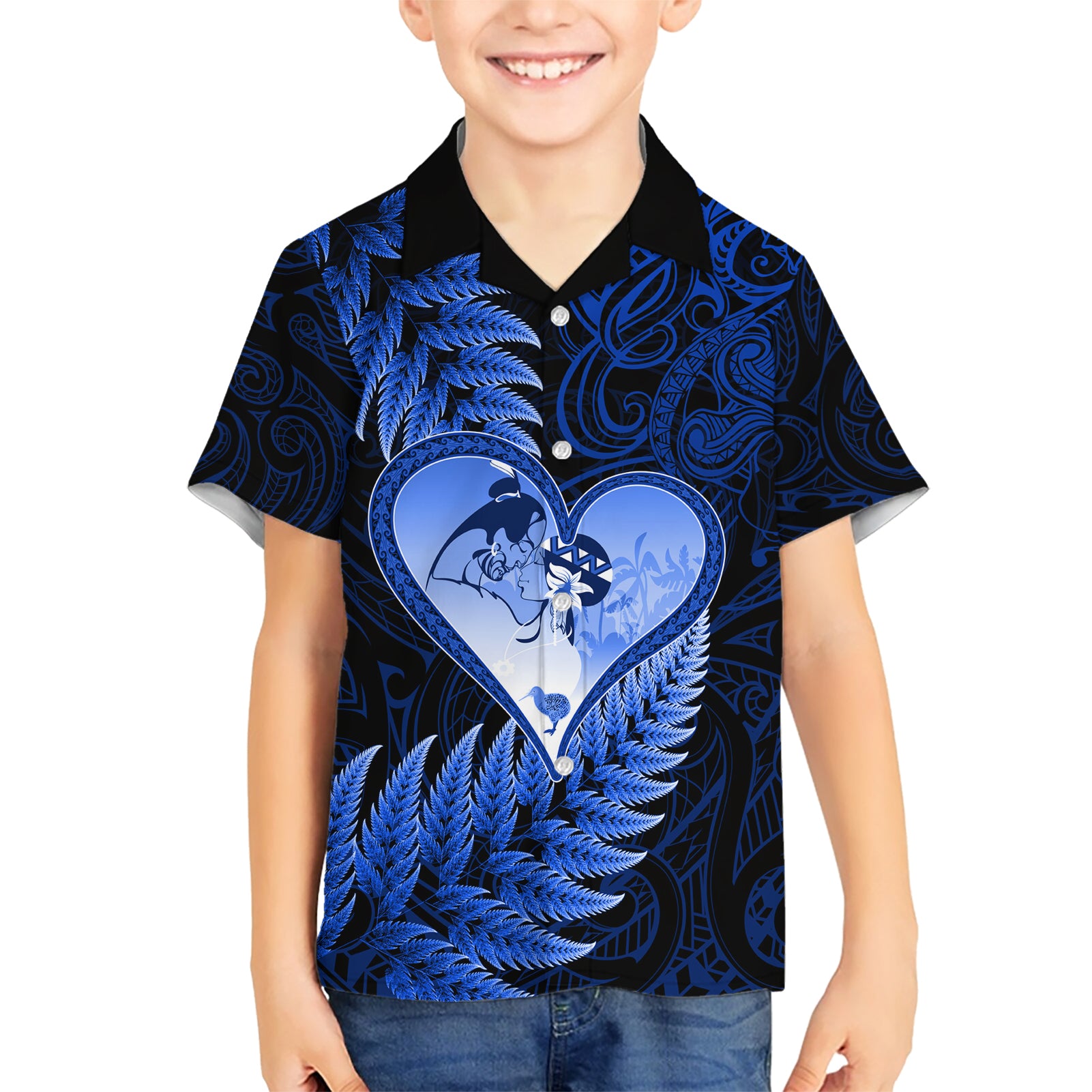 New Zealand Valentine Day Kid Hawaiian Shirt Aotearoa Warrior Love Story Silver Fern Koru Blue Style LT03 Kid Blue - Polynesian Pride