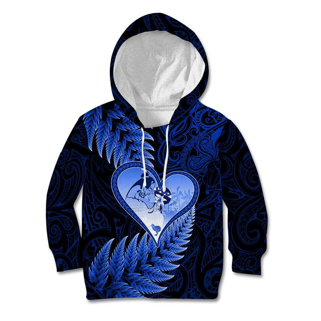 New Zealand Valentine Day Kid Hoodie Aotearoa Warrior Love Story Silver Fern Koru Blue Style LT03 Hoodie Blue - Polynesian Pride