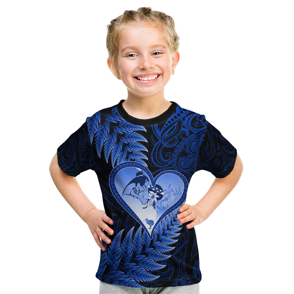 New Zealand Valentine Day Kid T Shirt Aotearoa Warrior Love Story Silver Fern Koru Blue Style LT03 Blue - Polynesian Pride