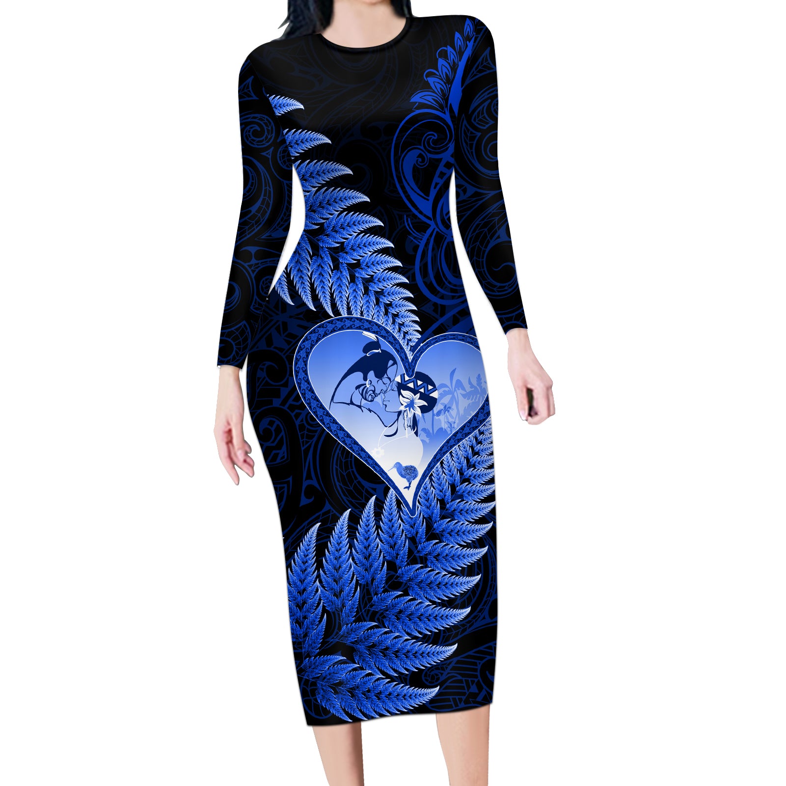 New Zealand Valentine Day Long Sleeve Bodycon Dress Aotearoa Warrior Love Story Silver Fern Koru Blue Style LT03 Long Dress Blue - Polynesian Pride