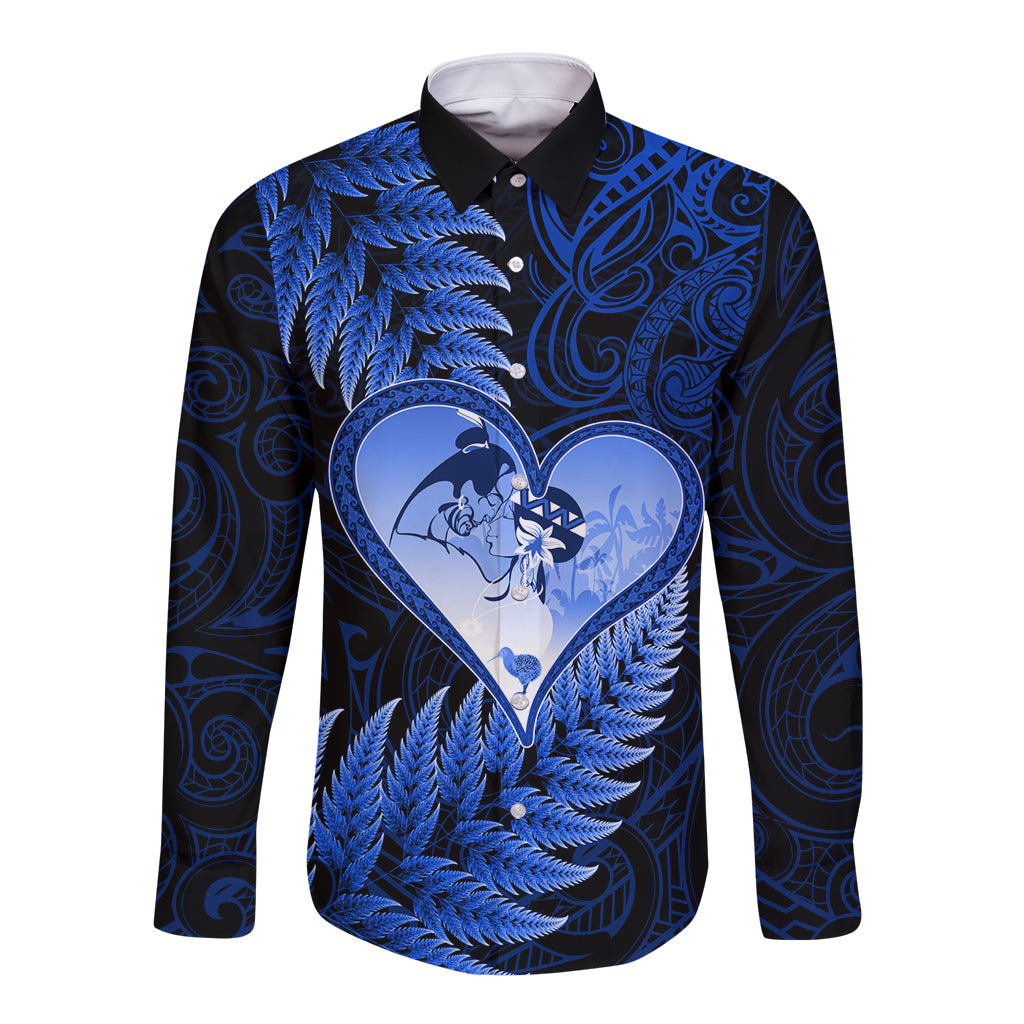 New Zealand Valentine Day Long Sleeve Button Shirt Aotearoa Warrior Love Story Silver Fern Koru Blue Style LT03 Unisex Blue - Polynesian Pride