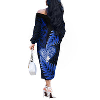 New Zealand Valentine Day Off The Shoulder Long Sleeve Dress Aotearoa Warrior Love Story Silver Fern Koru Blue Style LT03 - Polynesian Pride