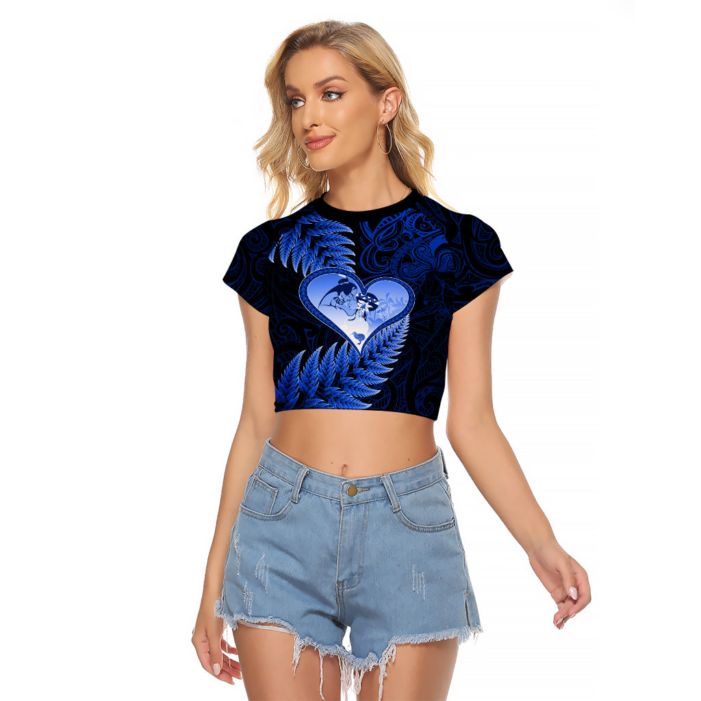 New Zealand Valentine Day Raglan Cropped T Shirt Aotearoa Warrior Love Story Silver Fern Koru Blue Style LT03 Female Blue - Polynesian Pride