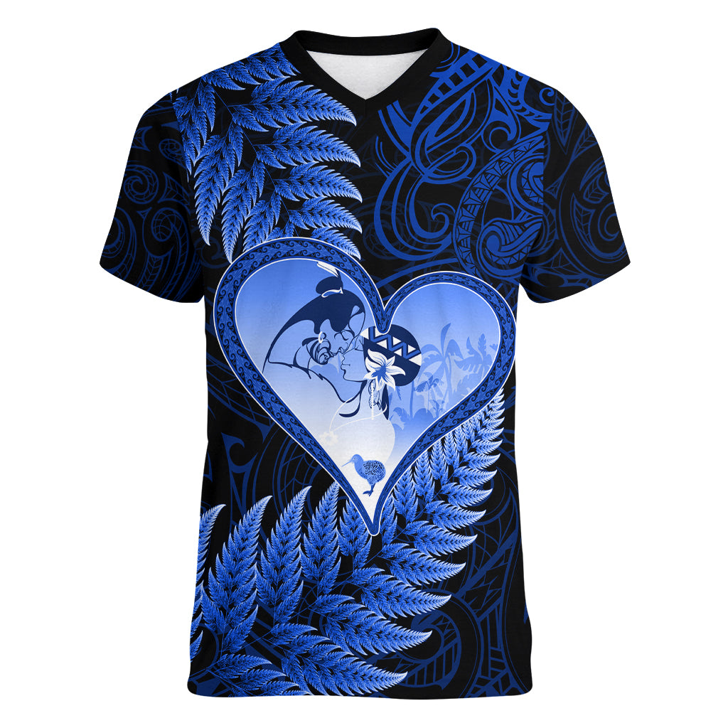 New Zealand Valentine Day Women V Neck T Shirt Aotearoa Warrior Love Story Silver Fern Koru Blue Style LT03 Female Blue - Polynesian Pride