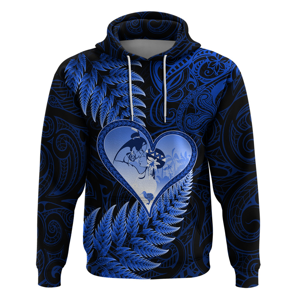 New Zealand Valentine Day Zip Hoodie Aotearoa Warrior Love Story Silver Fern Koru Blue Style LT03 Pullover Hoodie Blue - Polynesian Pride