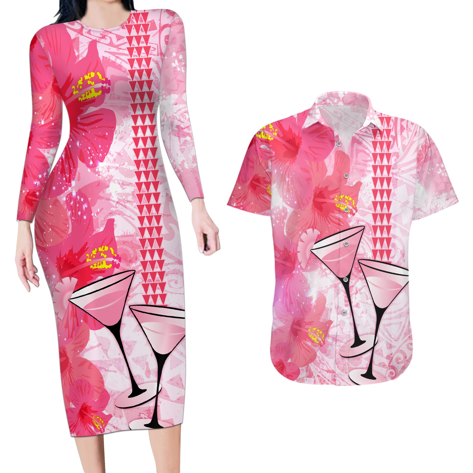 Hawaiian Cocktail Valentine Day Couples Matching Long Sleeve Bodycon Dress and Hawaiian Shirt Hibiscus Kakau Pattern Pink Version LT03 Pink - Polynesian Pride