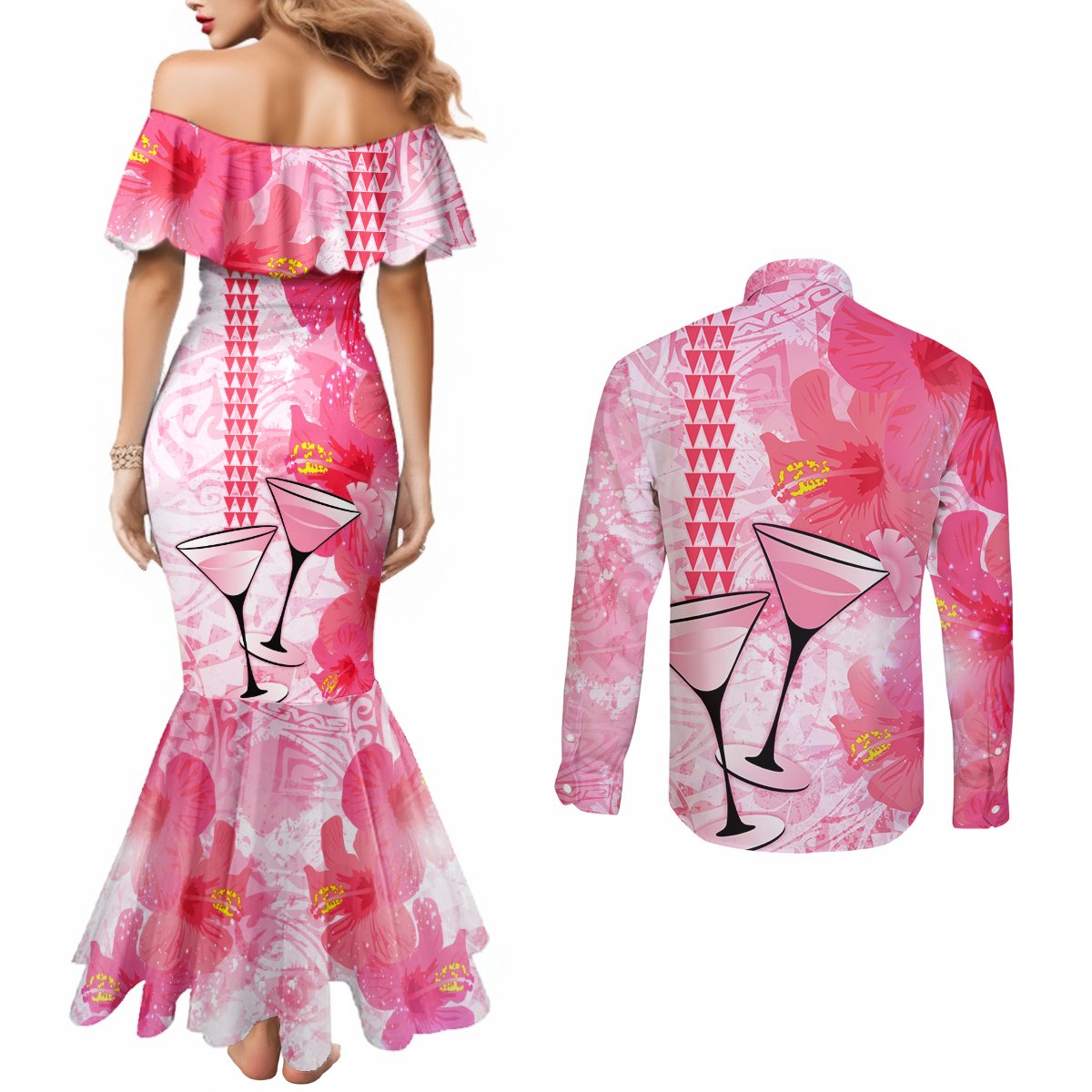 Hawaiian Cocktail Valentine Day Couples Matching Mermaid Dress and Long Sleeve Button Shirt Hibiscus Kakau Pattern Pink Version LT03 - Polynesian Pride