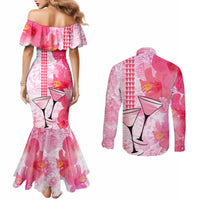 Hawaiian Cocktail Valentine Day Couples Matching Mermaid Dress and Long Sleeve Button Shirt Hibiscus Kakau Pattern Pink Version LT03 - Polynesian Pride