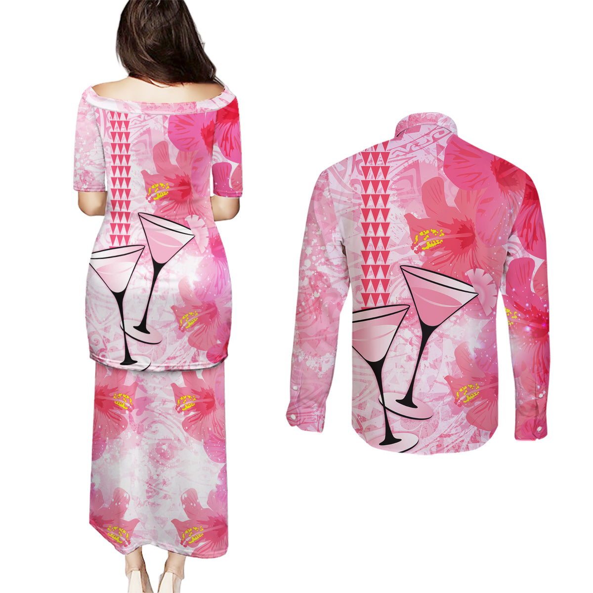 Hawaiian Cocktail Valentine Day Couples Matching Puletasi and Long Sleeve Button Shirt Hibiscus Kakau Pattern Pink Version LT03 - Polynesian Pride
