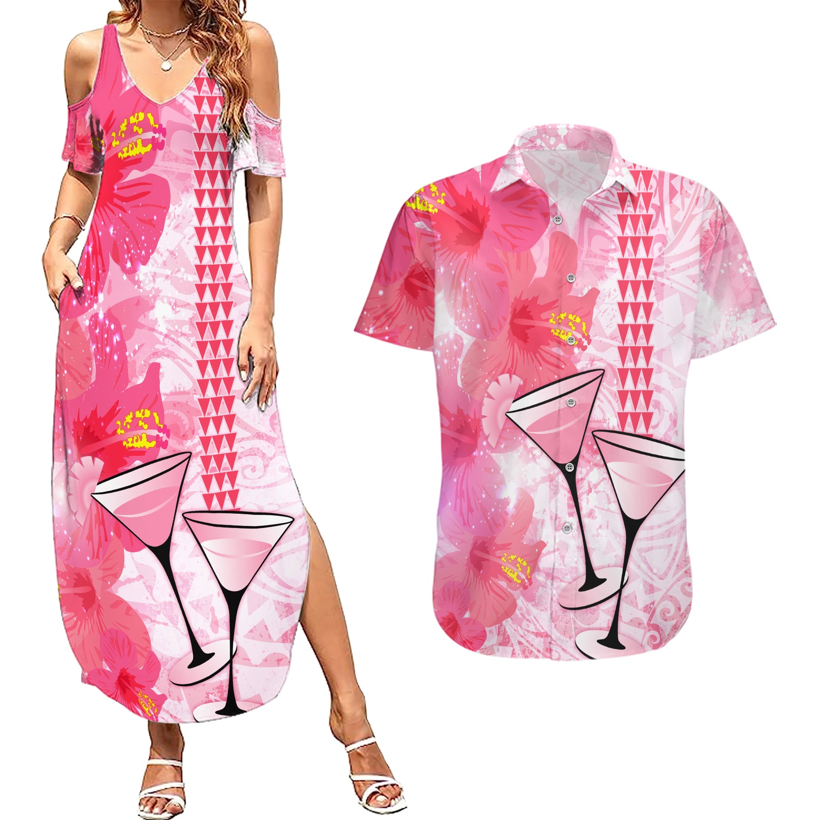 Hawaiian Cocktail Valentine Day Couples Matching Summer Maxi Dress and Hawaiian Shirt Hibiscus Kakau Pattern Pink Version LT03 Pink - Polynesian Pride