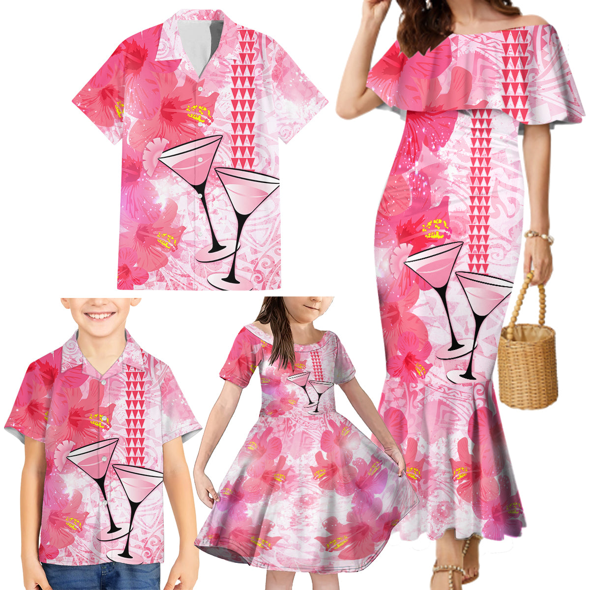 Hawaiian Cocktail Valentine Day Family Matching Mermaid Dress and Hawaiian Shirt Hibiscus Kakau Pattern Pink Version LT03 - Polynesian Pride