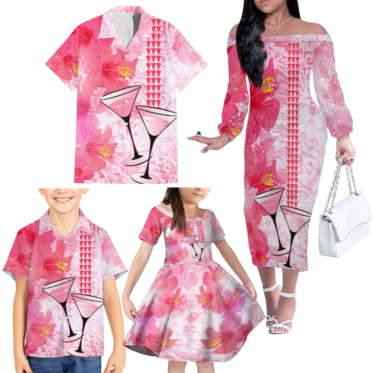 Hawaiian Cocktail Valentine Day Family Matching Off Shoulder Long Sleeve Dress and Hawaiian Shirt Hibiscus Kakau Pattern Pink Version LT03 - Polynesian Pride