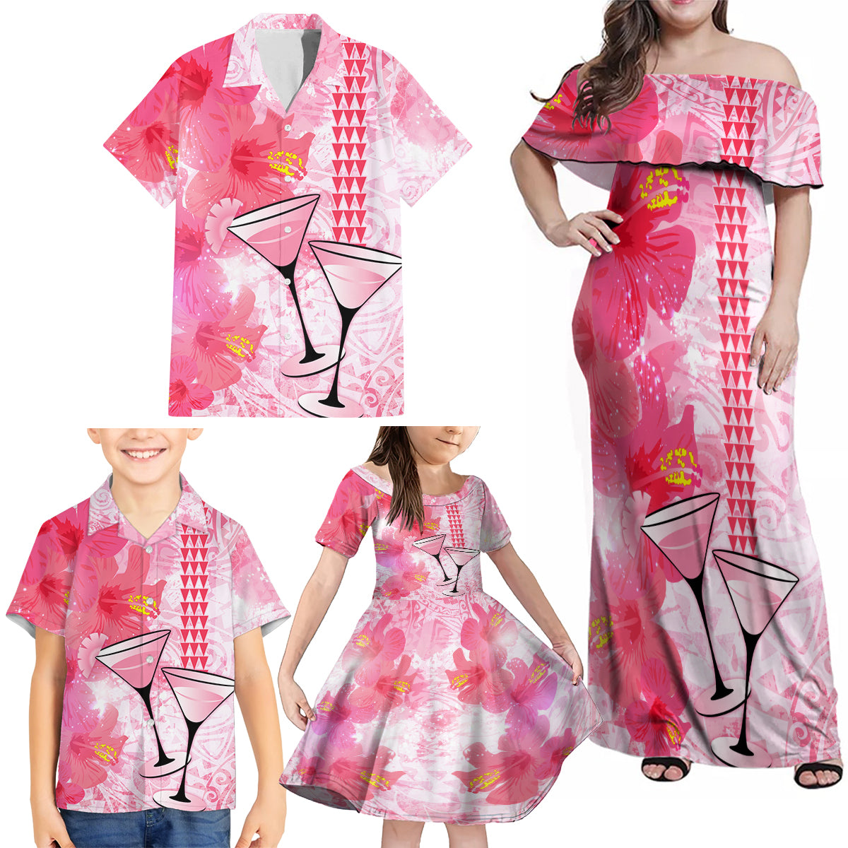 Hawaiian Cocktail Valentine Day Family Matching Off Shoulder Maxi Dress and Hawaiian Shirt Hibiscus Kakau Pattern Pink Version LT03 - Polynesian Pride