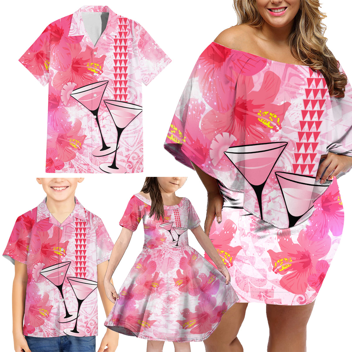 Hawaiian Cocktail Valentine Day Family Matching Off Shoulder Short Dress and Hawaiian Shirt Hibiscus Kakau Pattern Pink Version LT03 - Polynesian Pride