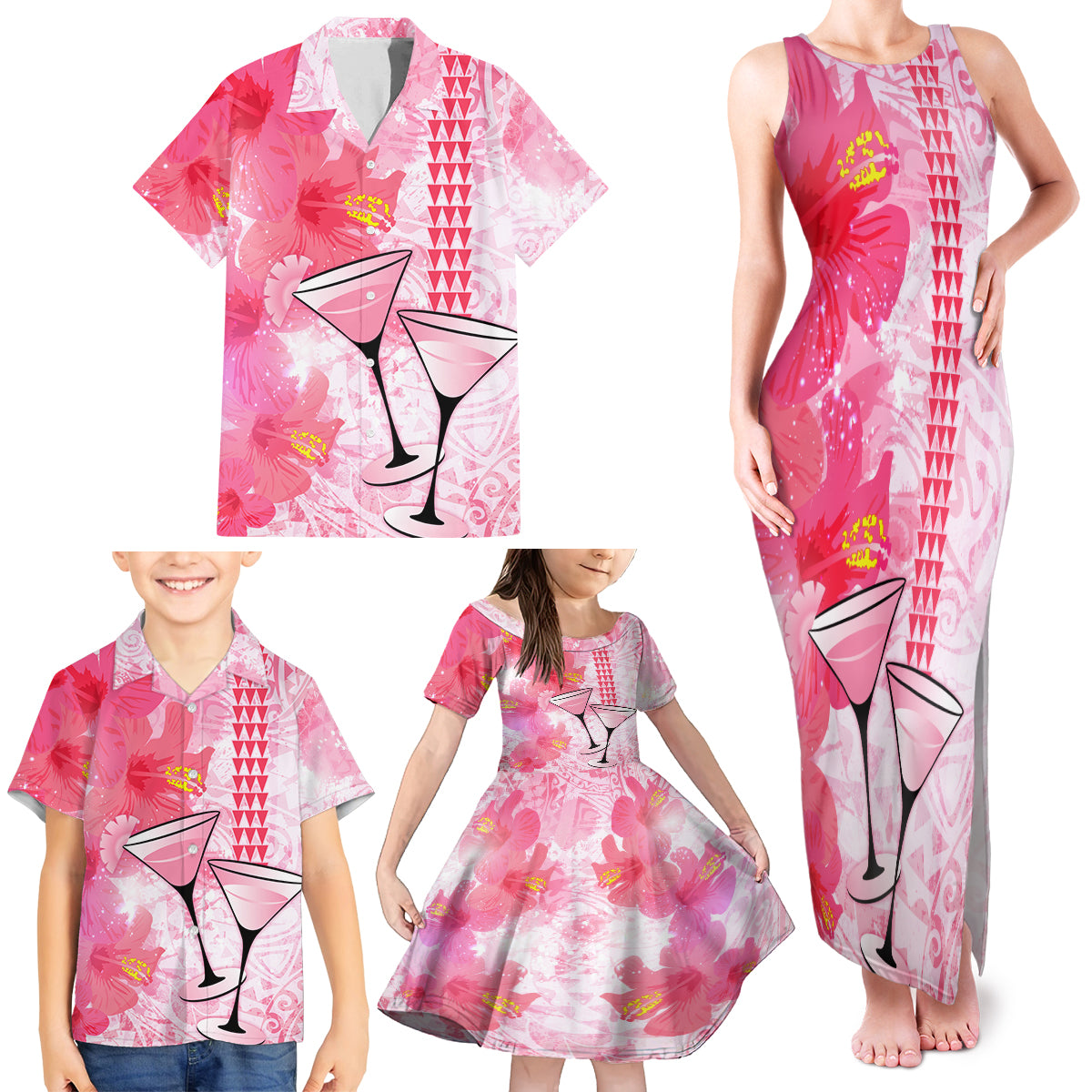 Hawaiian Cocktail Valentine Day Family Matching Tank Maxi Dress and Hawaiian Shirt Hibiscus Kakau Pattern Pink Version LT03 - Polynesian Pride