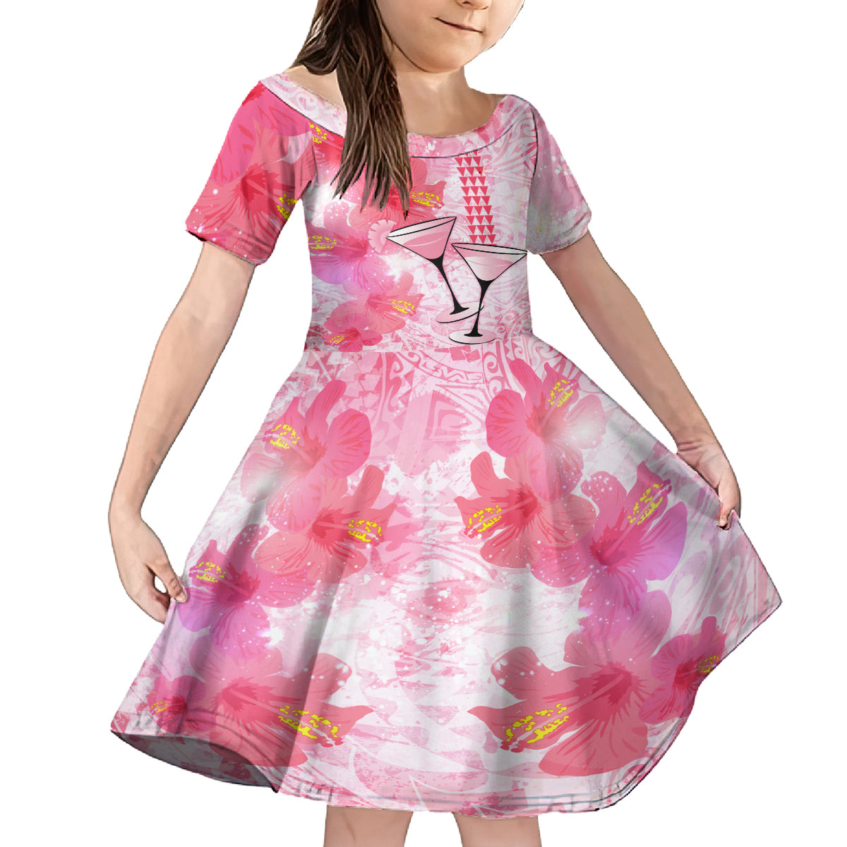 Hawaiian Cocktail Valentine Day Kid Short Sleeve Dress Hibiscus Kakau Pattern Pink Version LT03 KID Pink - Polynesian Pride