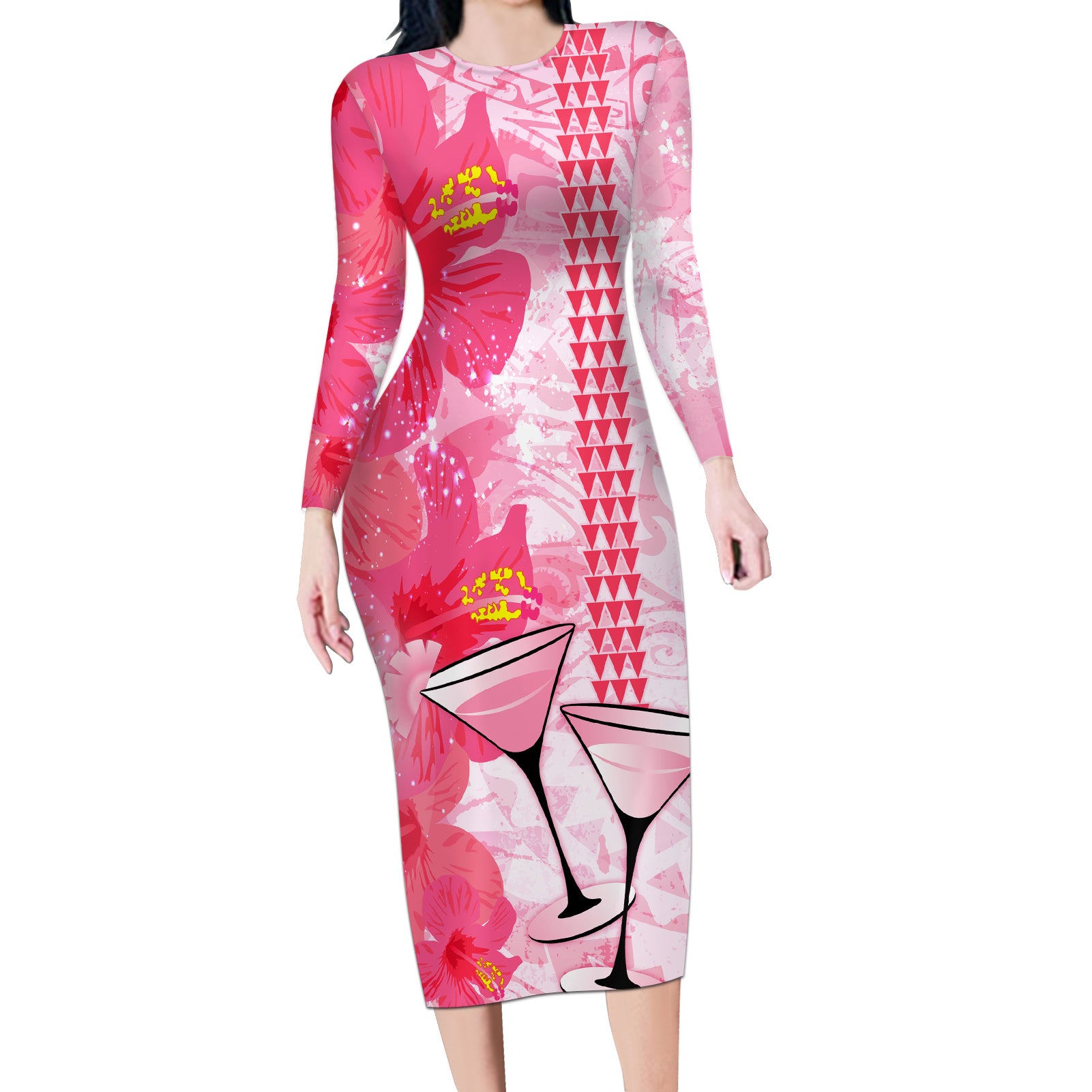 Hawaiian Cocktail Valentine Day Long Sleeve Bodycon Dress Hibiscus Kakau Pattern Pink Version LT03 Long Dress Pink - Polynesian Pride