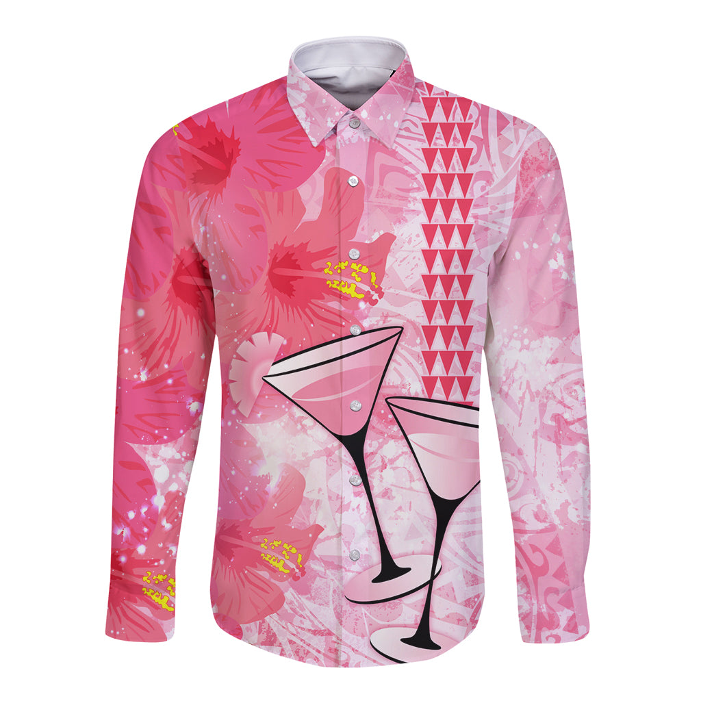 Hawaiian Cocktail Valentine Day Long Sleeve Button Shirt Hibiscus Kakau Pattern Pink Version LT03 Unisex Pink - Polynesian Pride