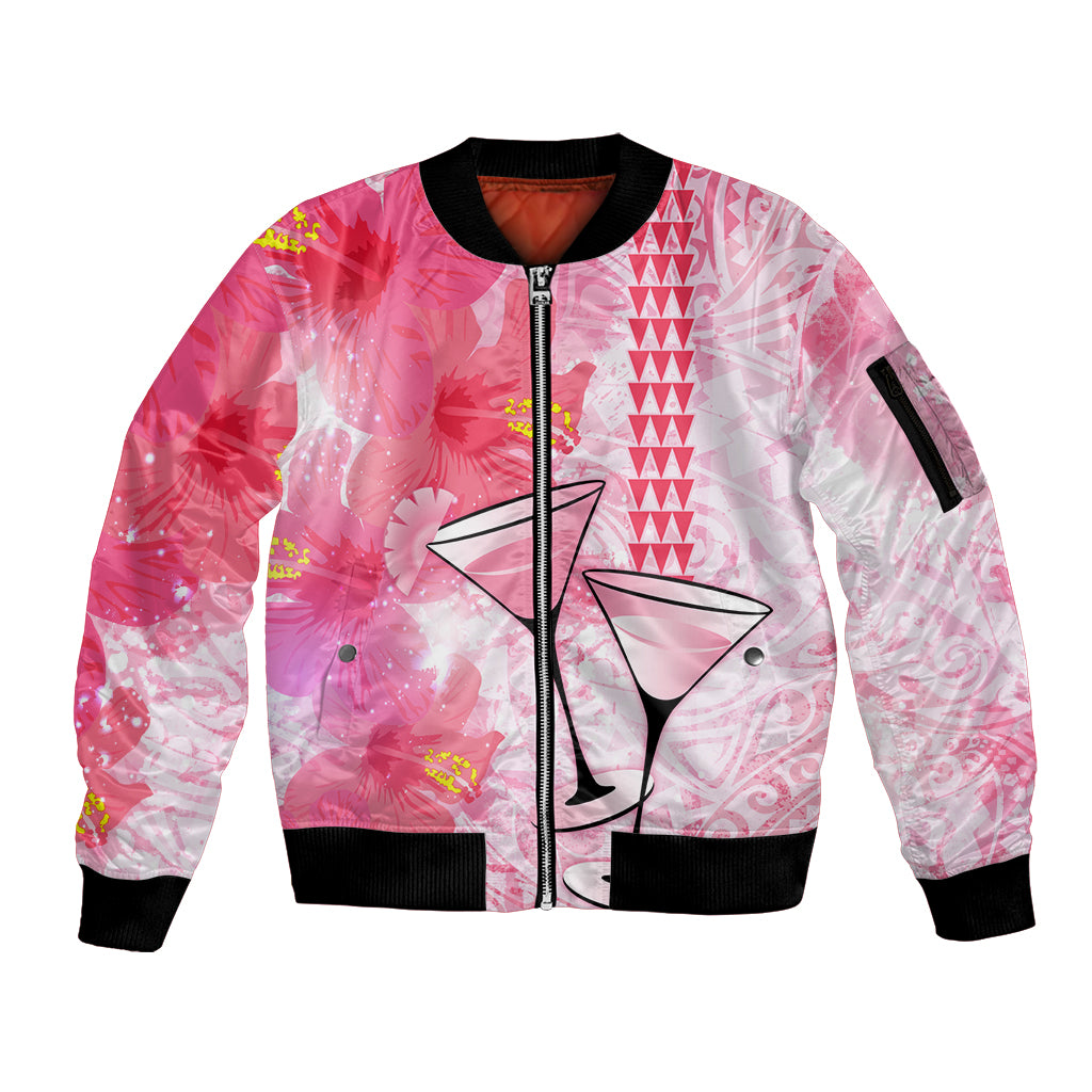 Hawaiian Cocktail Valentine Day Sleeve Zip Bomber Jacket Hibiscus Kakau Pattern Pink Version LT03 Unisex Pink - Polynesian Pride