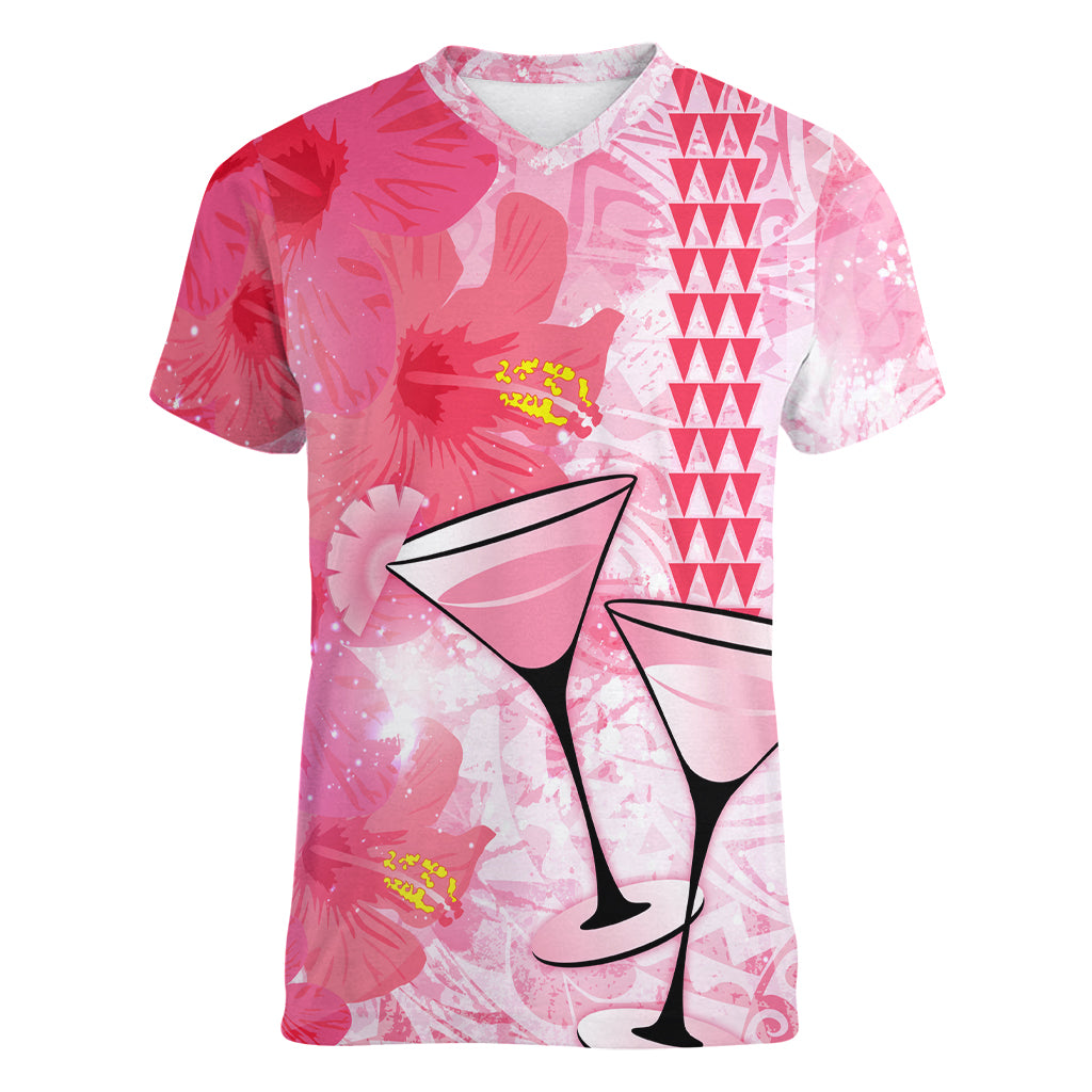 Hawaiian Cocktail Valentine Day Women V Neck T Shirt Hibiscus Kakau Pattern Pink Version LT03 Female Pink - Polynesian Pride