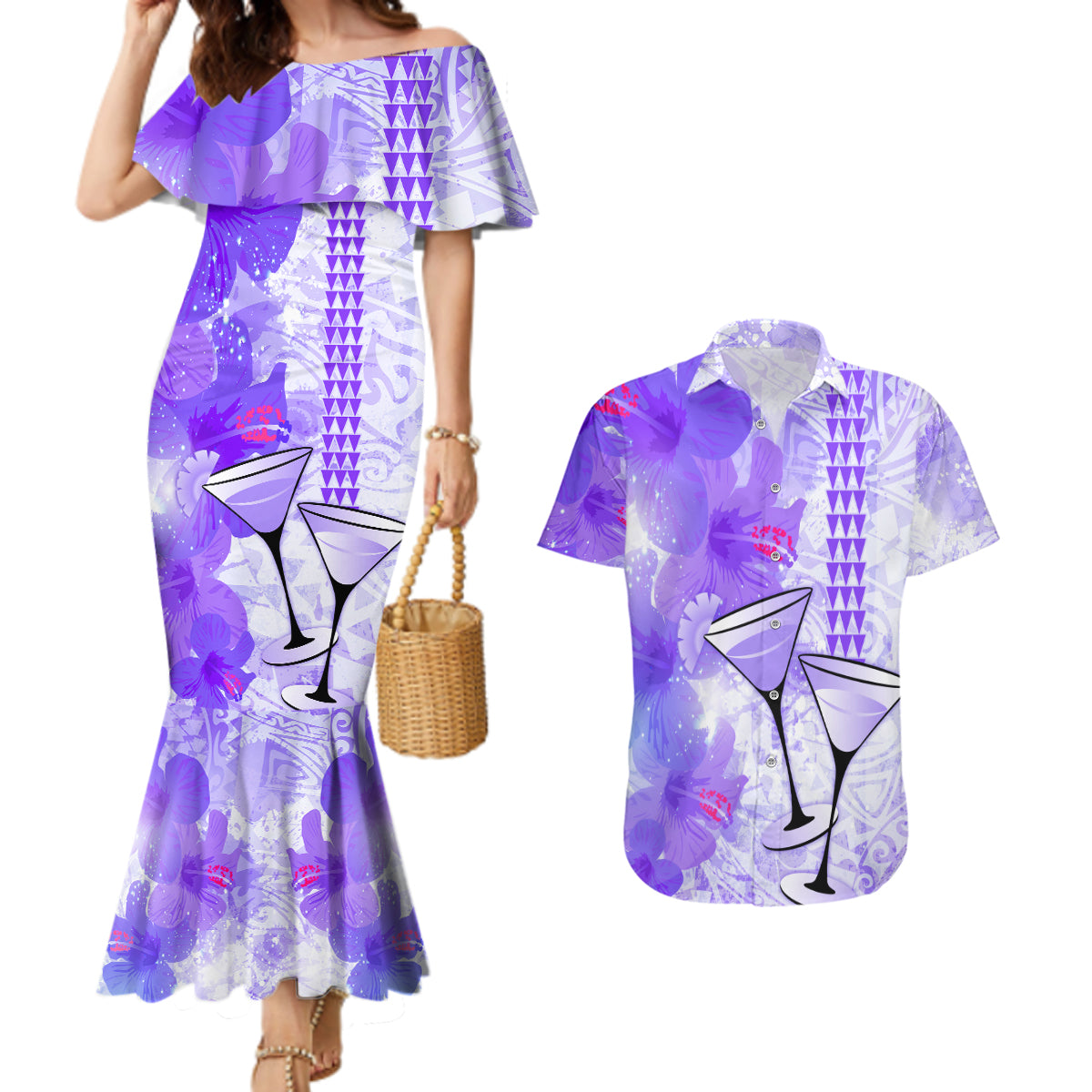 Hawaiian Cocktail Valentine Day Couples Matching Mermaid Dress and Hawaiian Shirt Hibiscus Kakau Pattern Purple Version LT03 Purple - Polynesian Pride