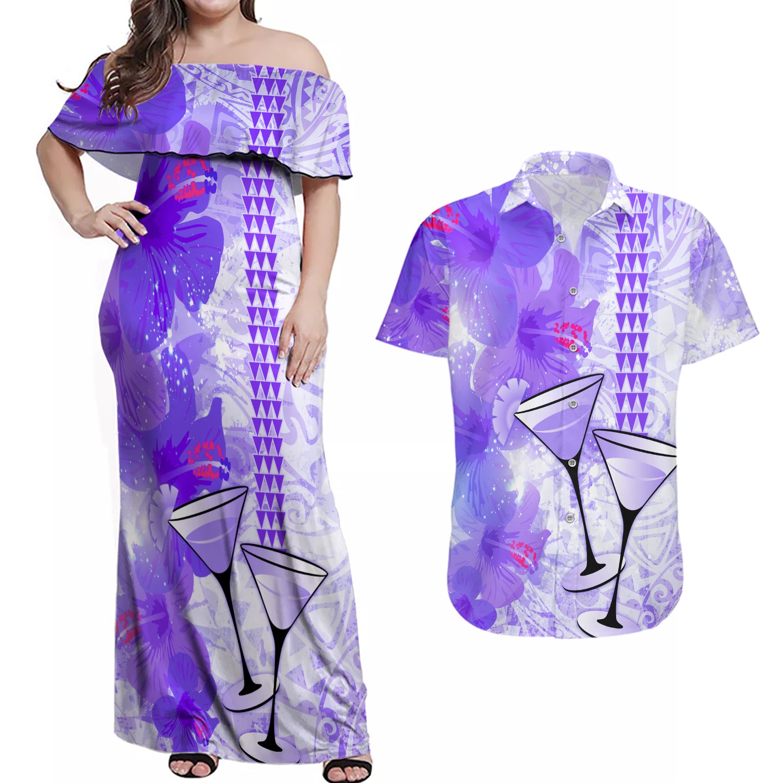 Hawaiian Cocktail Valentine Day Couples Matching Off Shoulder Maxi Dress and Hawaiian Shirt Hibiscus Kakau Pattern Purple Version LT03 Purple - Polynesian Pride