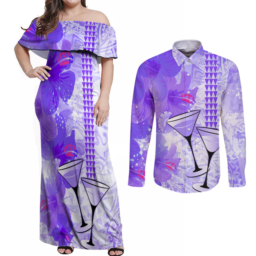 Hawaiian Cocktail Valentine Day Couples Matching Off Shoulder Maxi Dress and Long Sleeve Button Shirt Hibiscus Kakau Pattern Purple Version LT03 Purple - Polynesian Pride