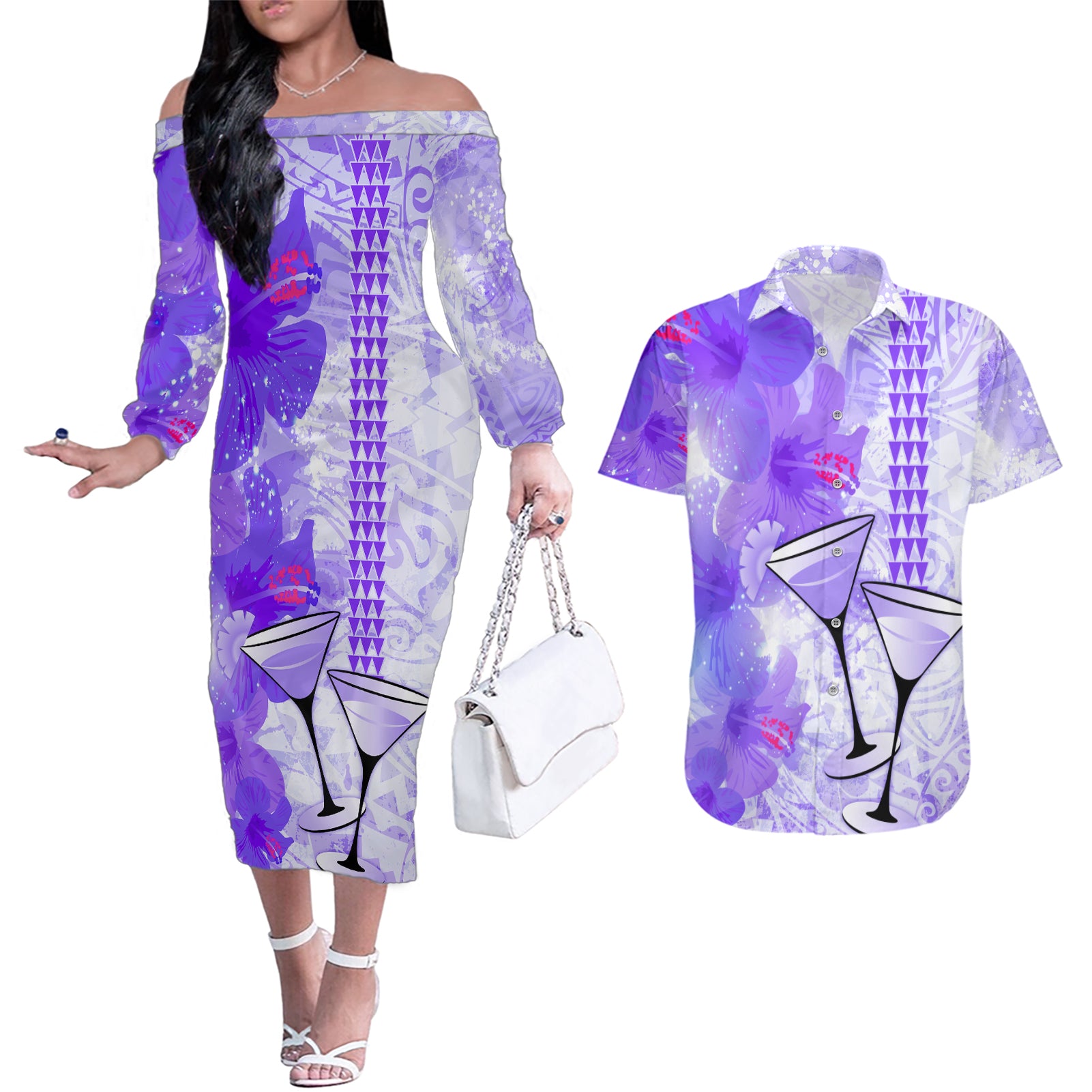 Hawaiian Cocktail Valentine Day Couples Matching Off The Shoulder Long Sleeve Dress and Hawaiian Shirt Hibiscus Kakau Pattern Purple Version LT03 Purple - Polynesian Pride