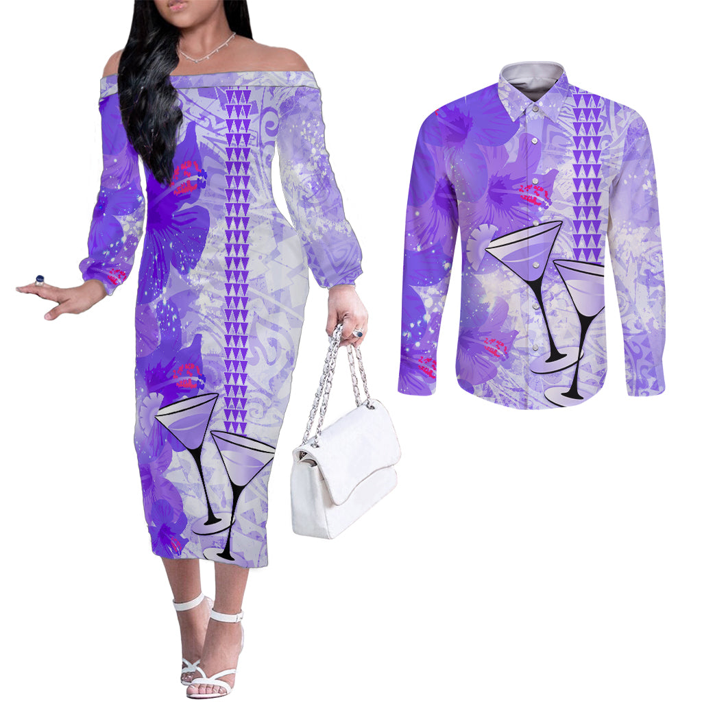 Hawaiian Cocktail Valentine Day Couples Matching Off The Shoulder Long Sleeve Dress and Long Sleeve Button Shirt Hibiscus Kakau Pattern Purple Version LT03 Purple - Polynesian Pride