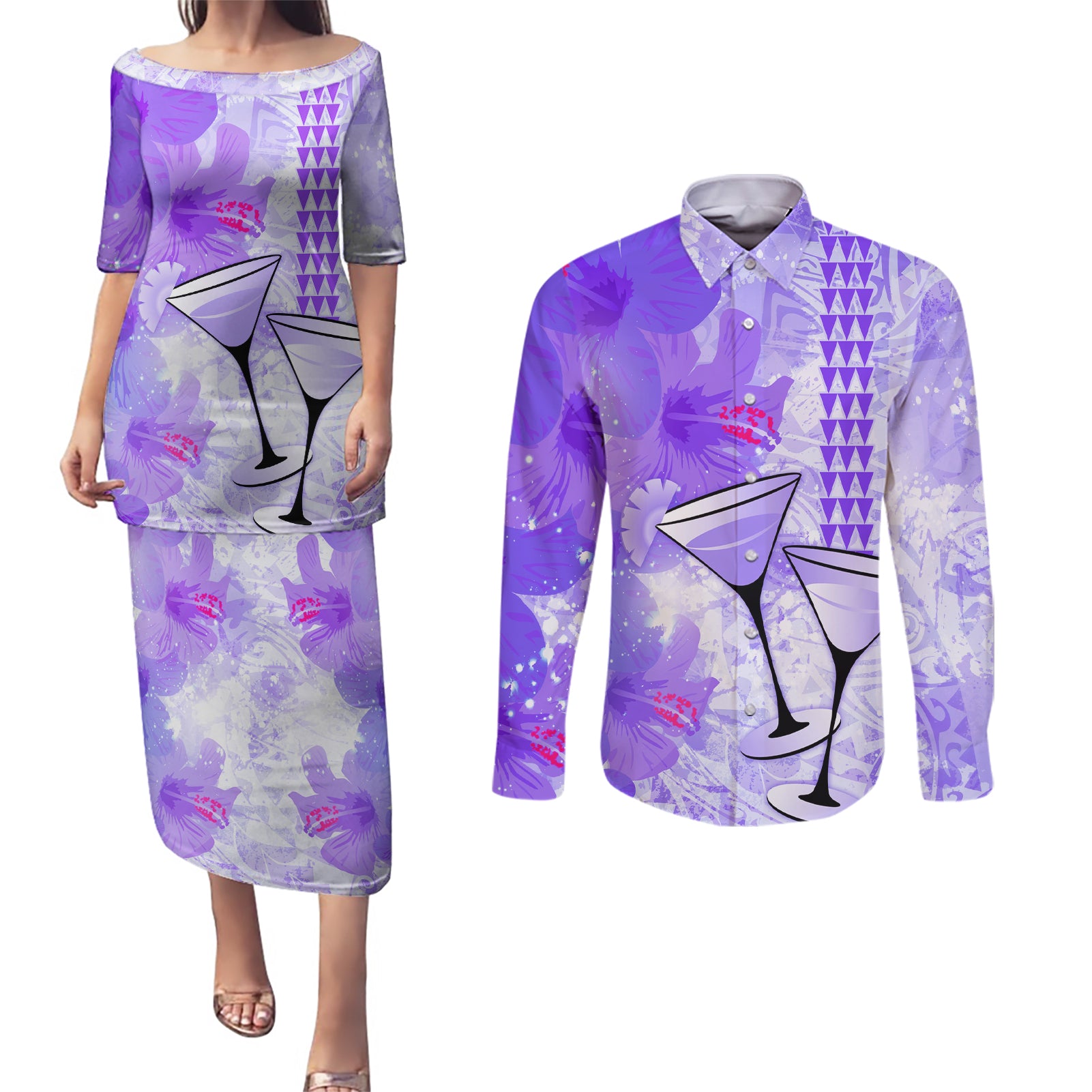 Hawaiian Cocktail Valentine Day Couples Matching Puletasi and Long Sleeve Button Shirt Hibiscus Kakau Pattern Purple Version LT03 Purple - Polynesian Pride