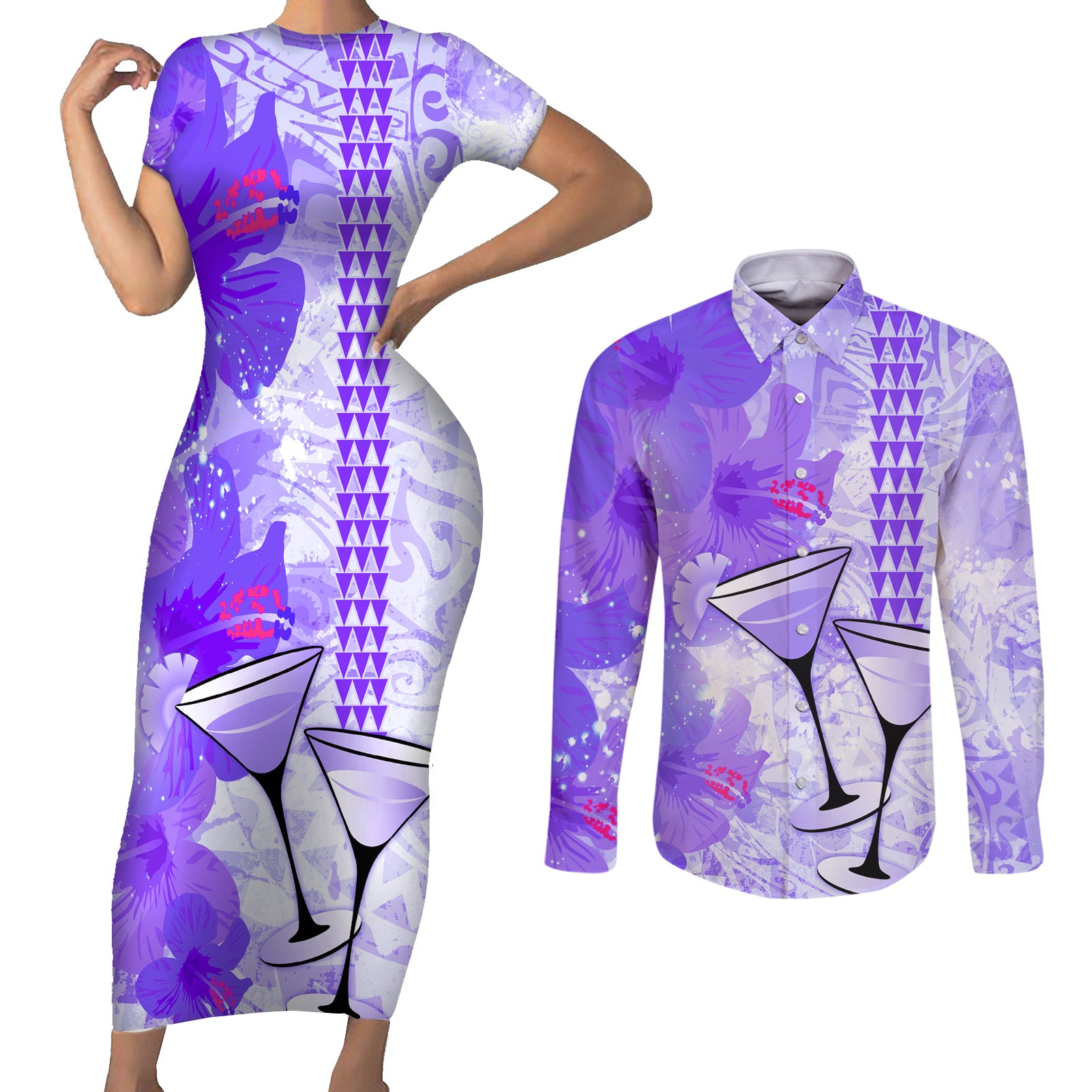 Hawaiian Cocktail Valentine Day Couples Matching Short Sleeve Bodycon Dress and Long Sleeve Button Shirt Hibiscus Kakau Pattern Purple Version LT03 Purple - Polynesian Pride