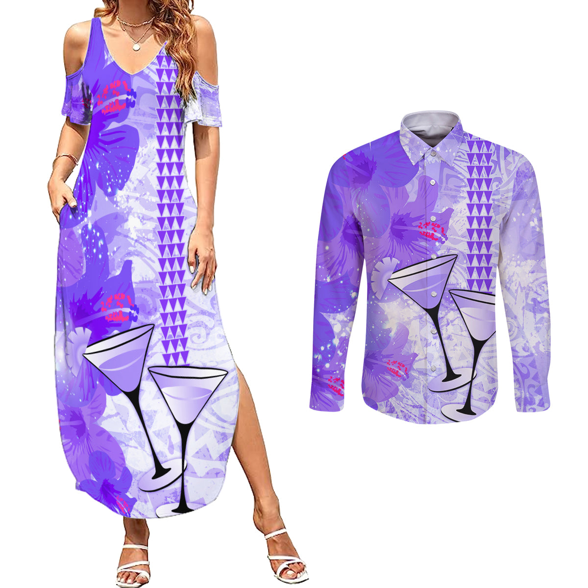 Hawaiian Cocktail Valentine Day Couples Matching Summer Maxi Dress and Long Sleeve Button Shirt Hibiscus Kakau Pattern Purple Version LT03 Purple - Polynesian Pride