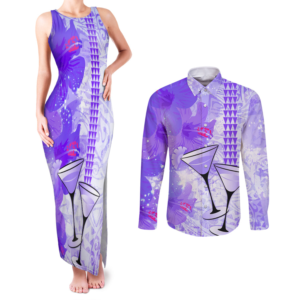 Hawaiian Cocktail Valentine Day Couples Matching Tank Maxi Dress and Long Sleeve Button Shirt Hibiscus Kakau Pattern Purple Version LT03 Purple - Polynesian Pride