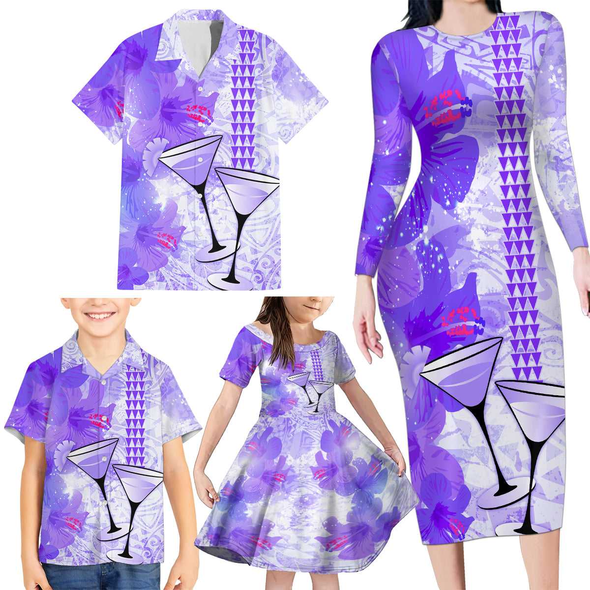 Hawaiian Cocktail Valentine Day Family Matching Long Sleeve Bodycon Dress and Hawaiian Shirt Hibiscus Kakau Pattern Purple Version LT03 - Polynesian Pride