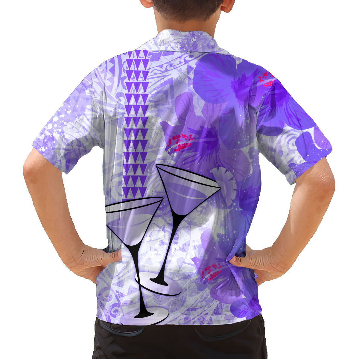 Hawaiian Cocktail Valentine Day Family Matching Off Shoulder Long Sleeve Dress and Hawaiian Shirt Hibiscus Kakau Pattern Purple Version LT03 - Polynesian Pride