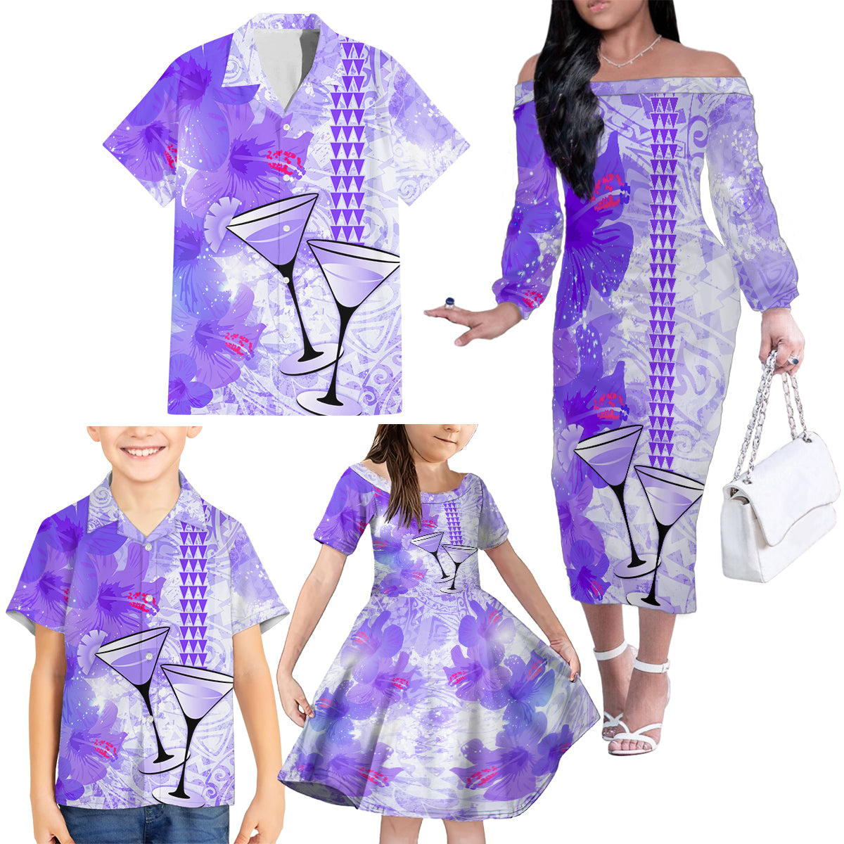 Hawaiian Cocktail Valentine Day Family Matching Off Shoulder Long Sleeve Dress and Hawaiian Shirt Hibiscus Kakau Pattern Purple Version LT03 - Polynesian Pride