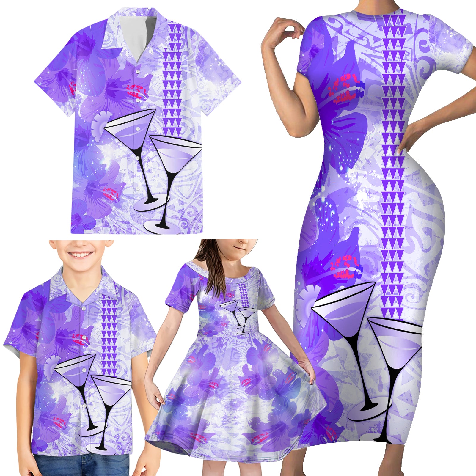 Hawaiian Cocktail Valentine Day Family Matching Short Sleeve Bodycon Dress and Hawaiian Shirt Hibiscus Kakau Pattern Purple Version LT03 - Polynesian Pride