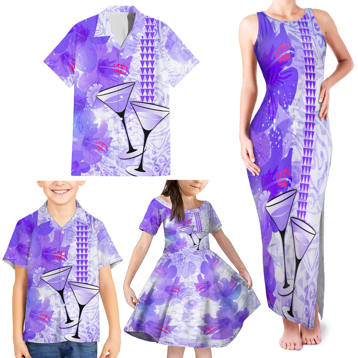 Hawaiian Cocktail Valentine Day Family Matching Tank Maxi Dress and Hawaiian Shirt Hibiscus Kakau Pattern Purple Version LT03 - Polynesian Pride