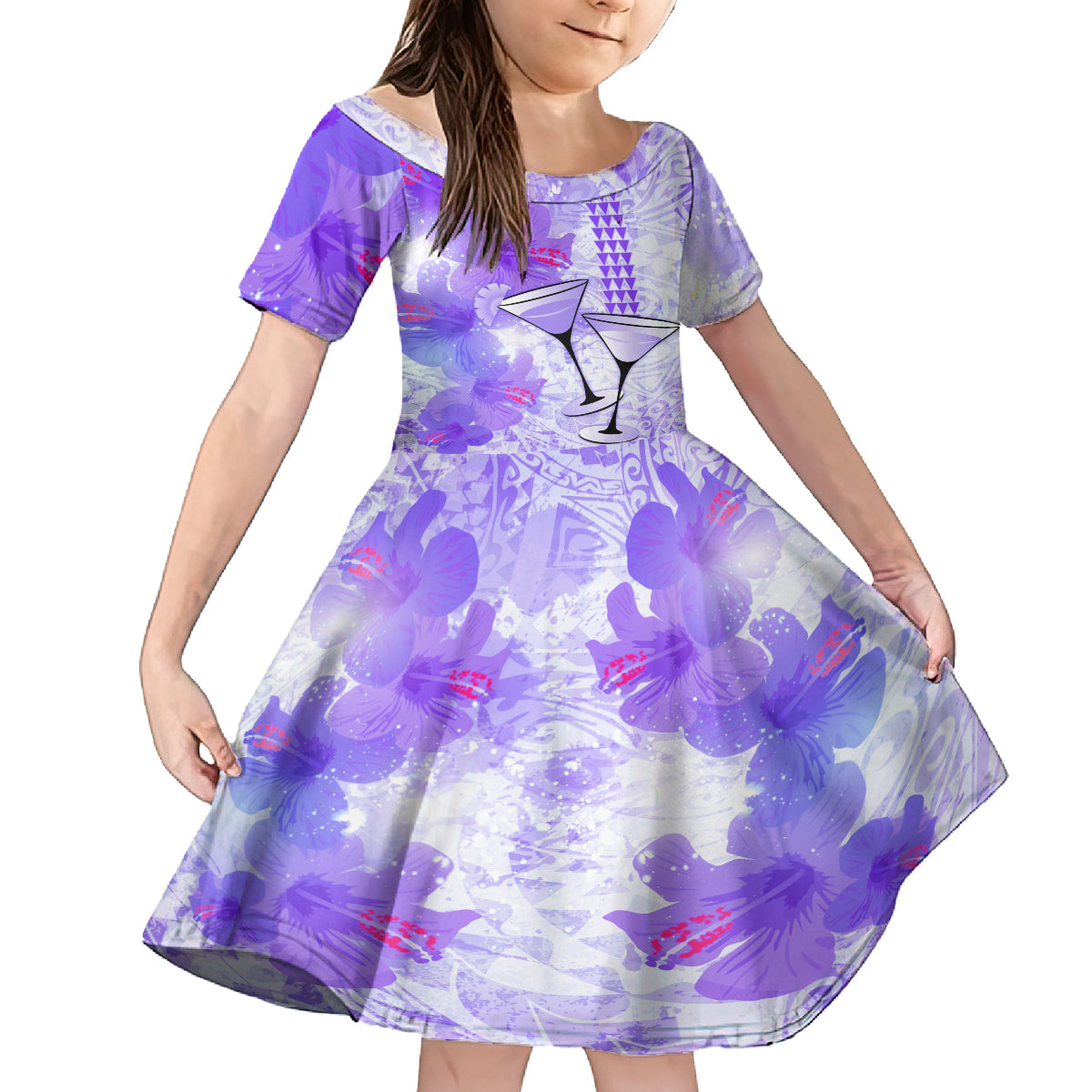 Hawaiian Cocktail Valentine Day Kid Short Sleeve Dress Hibiscus Kakau Pattern Purple Version LT03 KID Purple - Polynesian Pride