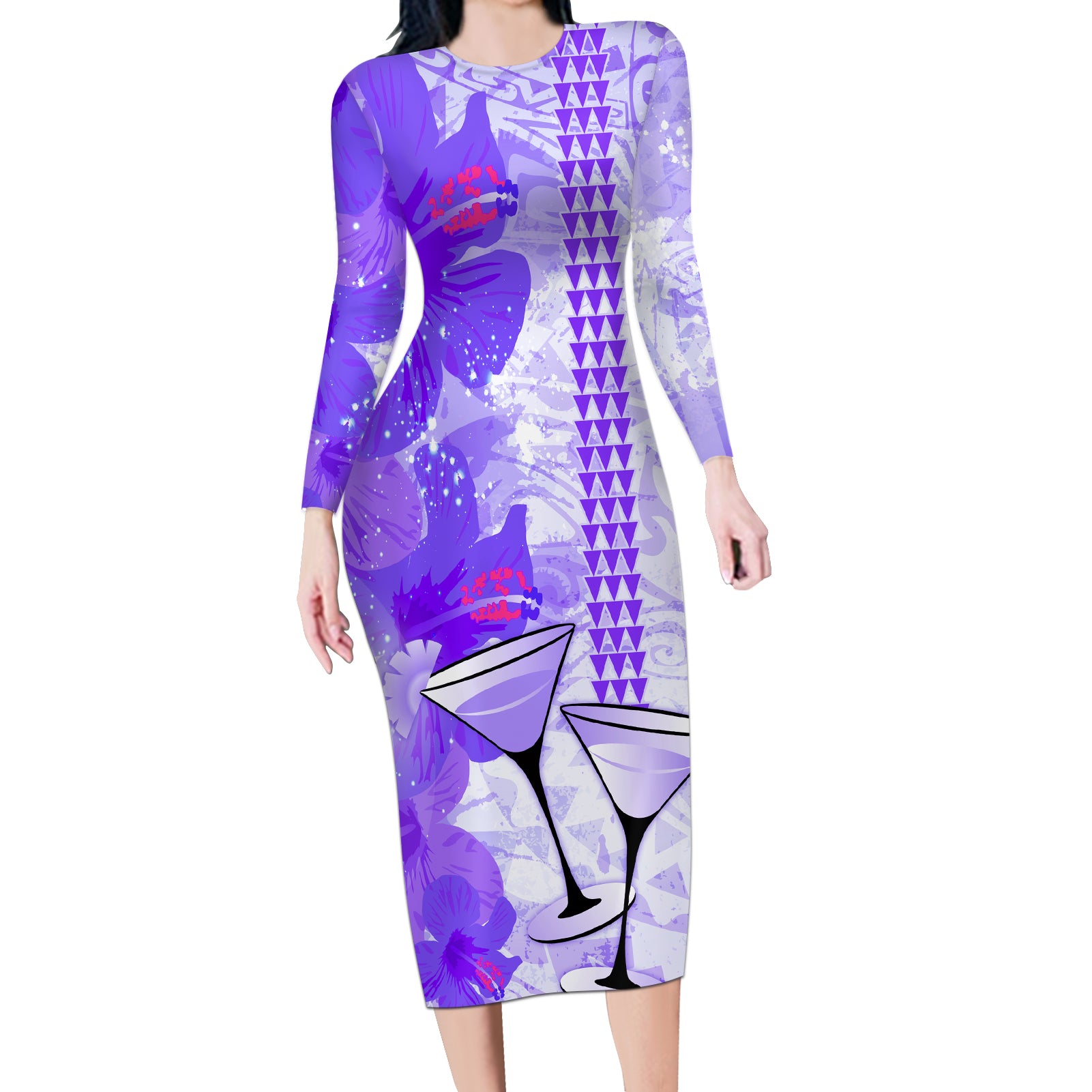 Hawaiian Cocktail Valentine Day Long Sleeve Bodycon Dress Hibiscus Kakau Pattern Purple Version LT03 Long Dress Purple - Polynesian Pride